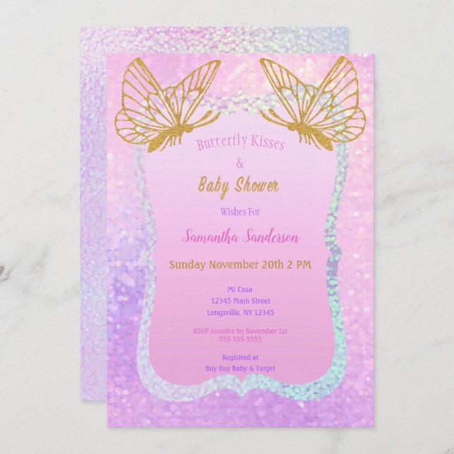 Butterfly Girl Baby Shower Guld Glitter Rosa Inbjudningar (Fram/baksida)