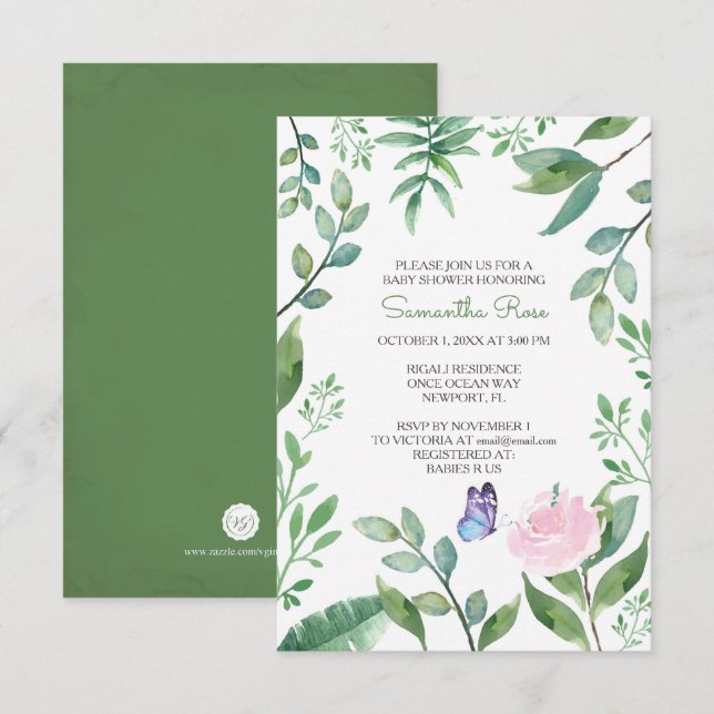 Butterfly Girl Baby Shower Inbjudan, Rosa Inbjudningar (Fram/baksida)