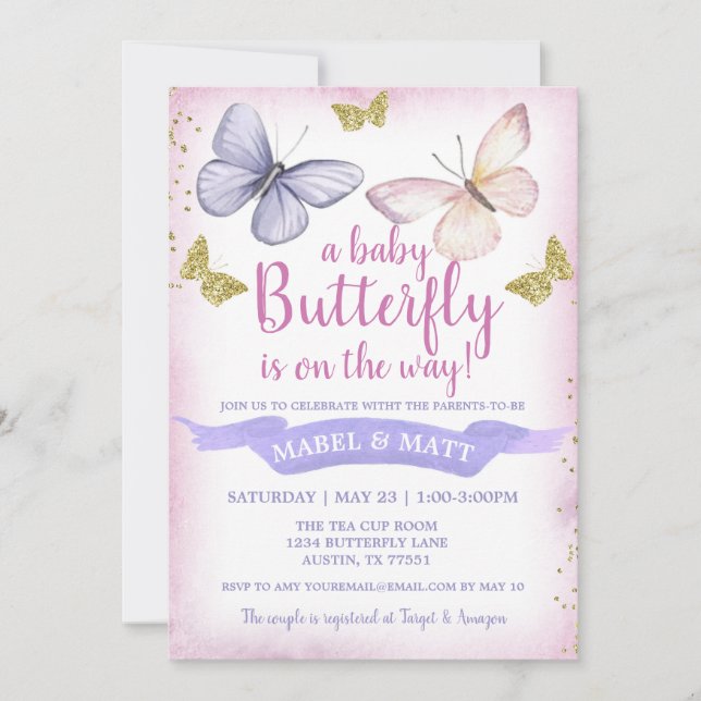 Butterfly Girl Baby Shower Lila Rosa  Julkort (Framsida)