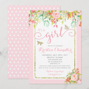 Butterfly Girl Blommigt Garden Polkadot Baby Showe Inbjudningar