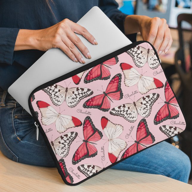 Butterfly Girly Chic Mönster Personlig Namn Laptop Fodral (Skapare uppladdad)