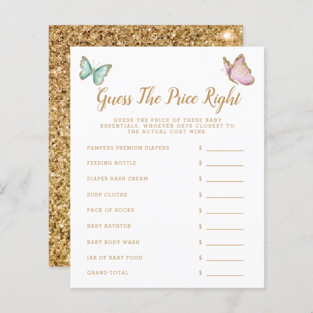 Butterfly gissar Pris Höger Baby Shower-spel (Fram/baksida)