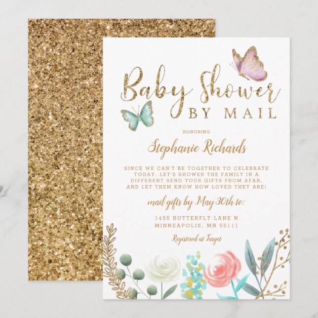 Butterfly Guld Baby Shower BY MAIL Inbjudningar (Fram/baksida)