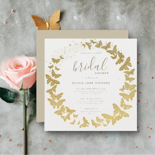Butterfly Guld Elegant Boho Classic Möhippa Inbjudningar (gold butterflies elegant bohemian modern romantic frame bridal shower invitation chic calligraphy)
