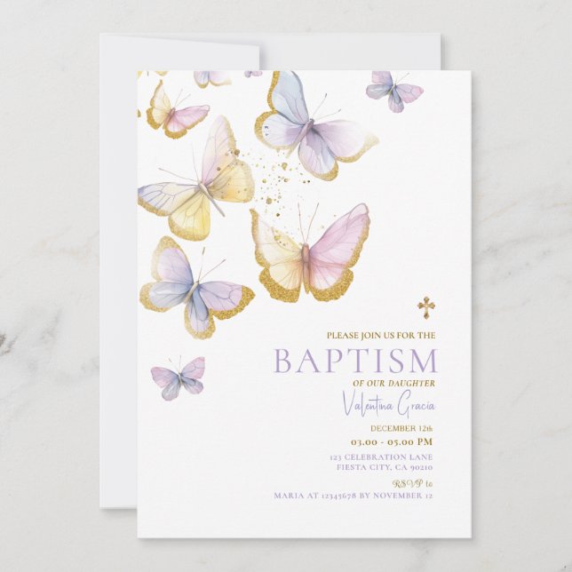 Butterfly Guld Girl Baptism Guld Kor Flowers Inbjudningar (Framsida)