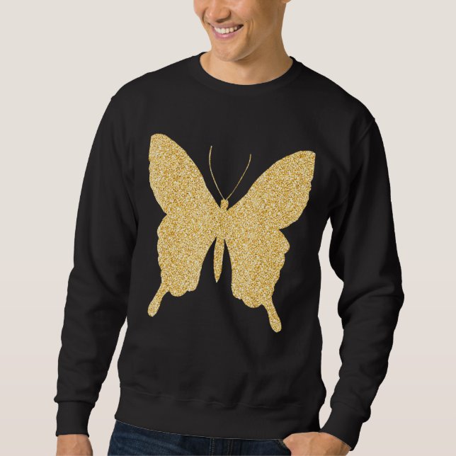 Butterfly Guld Glitter Bling Butterfly Älskare Lång Ärmad Tröja (Framsida)