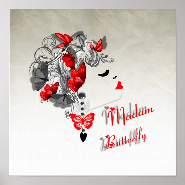 Butterfly Hair Mode Design Red Black Poster (Framsidan)