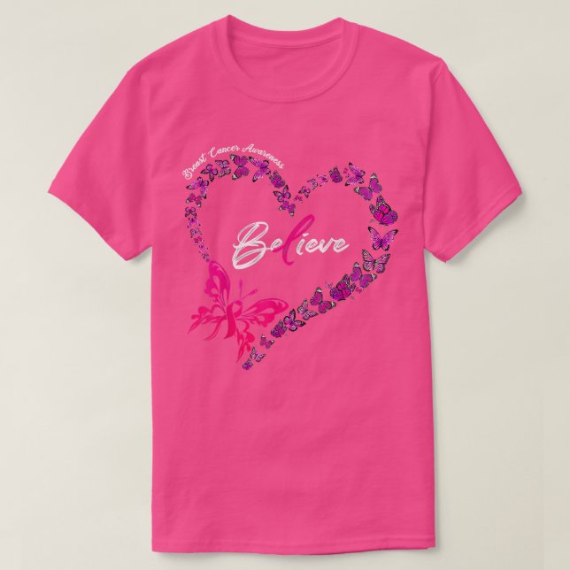 Butterfly Heart Beleive Rosa Ribbon Breast Cancer T Shirt (Design framsida)