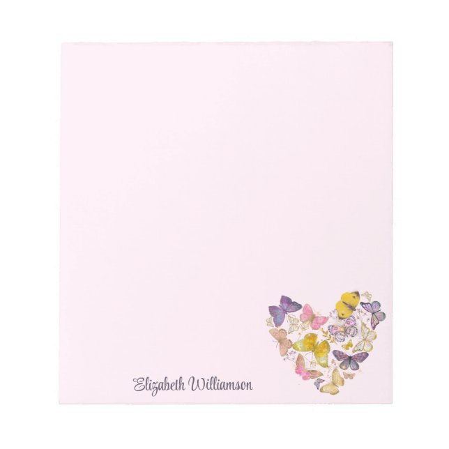 Butterfly Heart Feminine Pastel Rosa Script Namn Anteckningsblock (Framsida)