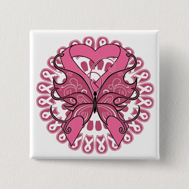 Butterfly Heart Ribbon - Bröstcancer Knapp (Framsida)