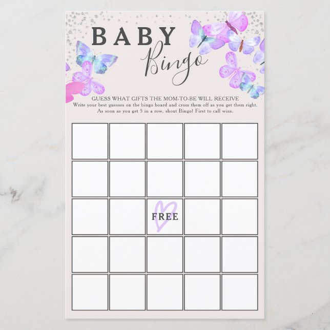 Butterfly Himlar Butterfly Baby Shower Bingo Game (Framsida)