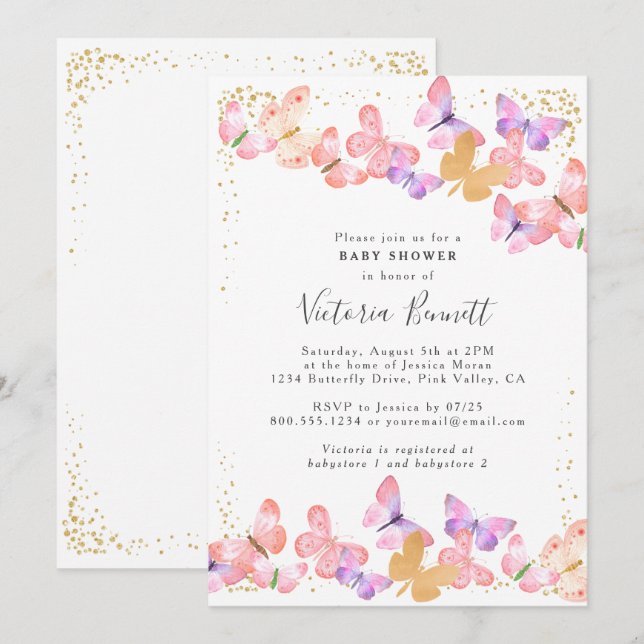 Butterfly Himlar Coral Guld confetti Baby Shower Inbjudningar (Fram/baksida)