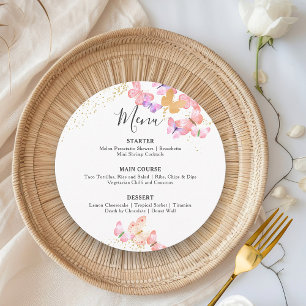 Butterfly Himlar Coral Guld Confetti Round Menu Meny