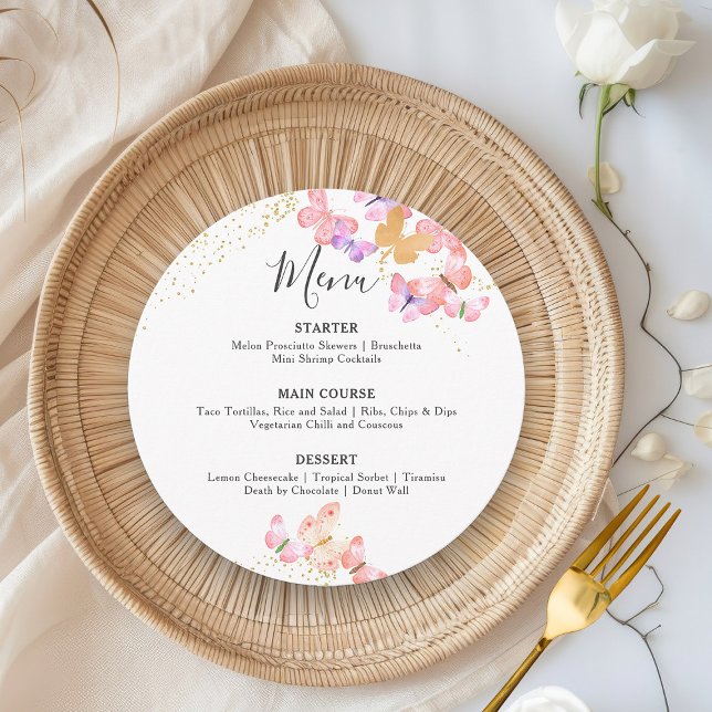 Butterfly Himlar Coral Guld Confetti Round Menu Meny (Menu from my Butterfly Skies collections)