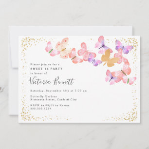Butterfly Himlar Coral Guld Confetti Sweet 16 Inbjudningar