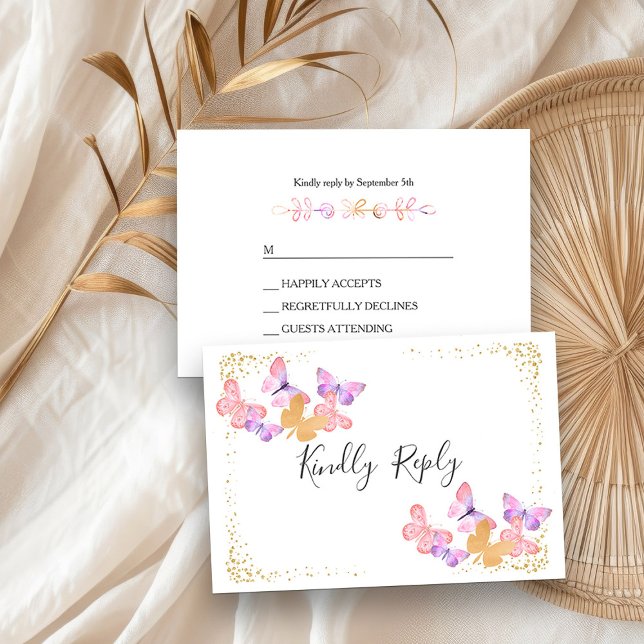 Butterfly Himlar Coral Rosa Guld Confetti OSA kort (RSVP cards from my Butterfly Skies Quinceanera collection)