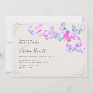 Butterfly Himlar Rosa Silver Confetti Sweet 16 Inbjudningar