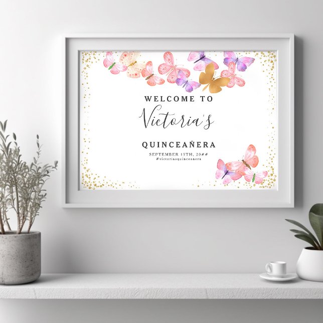 Butterfly Himlar Välkommen Poster Guld Confetti (Welcome Poster from my Butterfly Skies Quinceanera collections - order printed or digital)