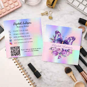 Butterfly-holografisk lila QR-kod social-media Fyrkantigt Visitkort