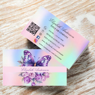 Butterfly-holografisk lila QR-kod social-media Visitkort