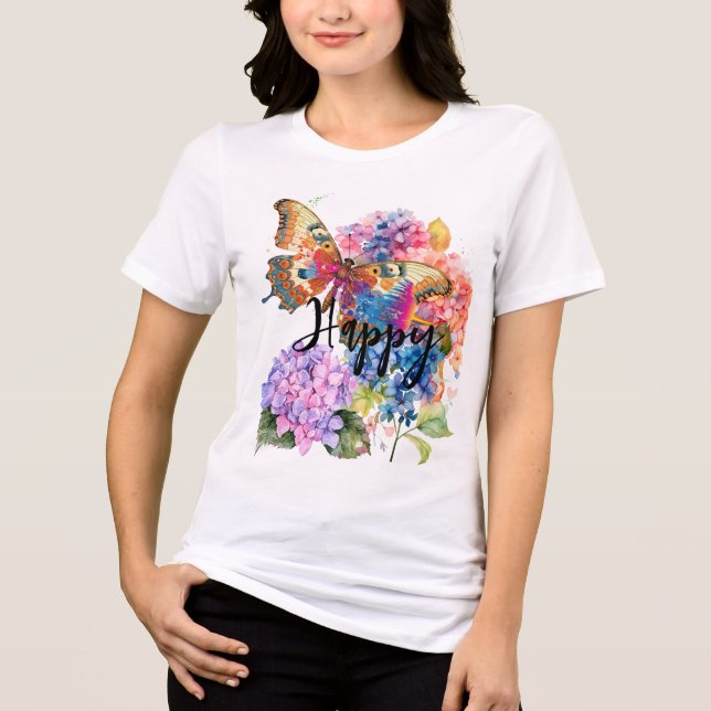 Butterfly Hydrangea Watercolor Anpassningsbar Blad T Shirt (Framsida)