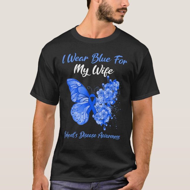 Butterfly I Bära Blue för min fru Beheckes sjukdom T Shirt (Framsida)