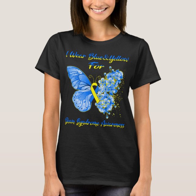Butterfly I Bära Blue och Gult for Down Syndrome T Shirt (Framsida)