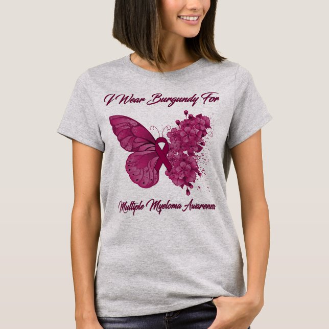 Butterfly I Bära Burgundy for Många Myeloma T Shirt (Framsida)