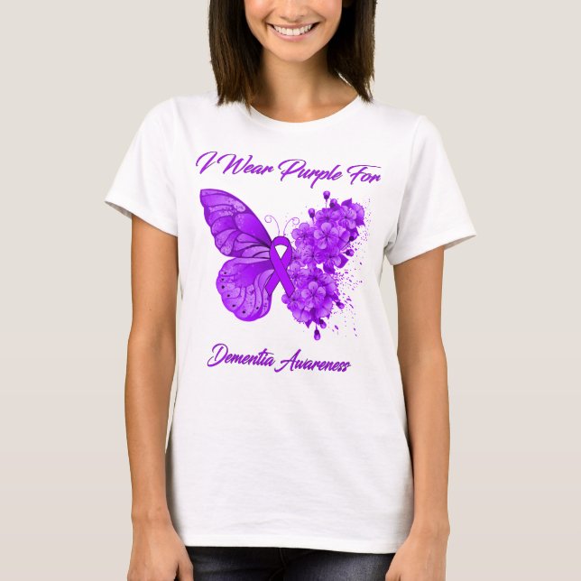 Butterfly I Bära Lila for dementia Awareness T Shirt (Framsida)
