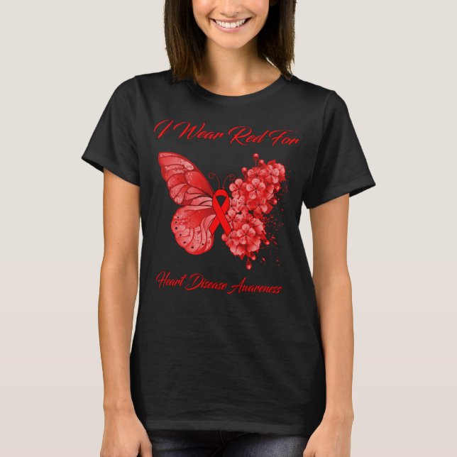 Butterfly I Bära Red for Heart Disease Awareness T Shirt (Framsida)
