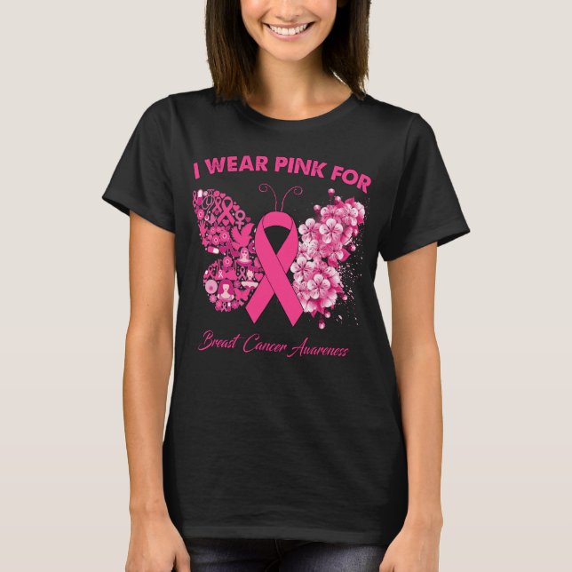 Butterfly I Bära Rosa for Breast Cancer Warrior T Shirt (Framsida)