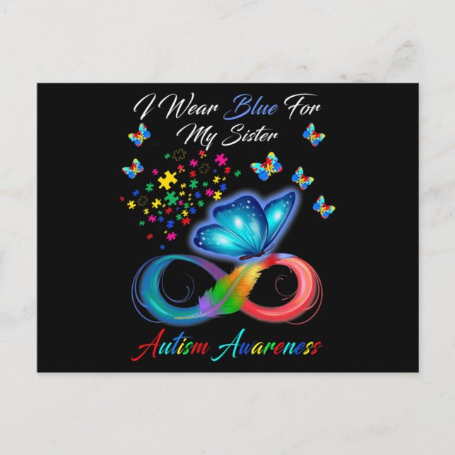 Butterfly I Wear Blue For My Sister Autism Awarene Vykort (Framsida)