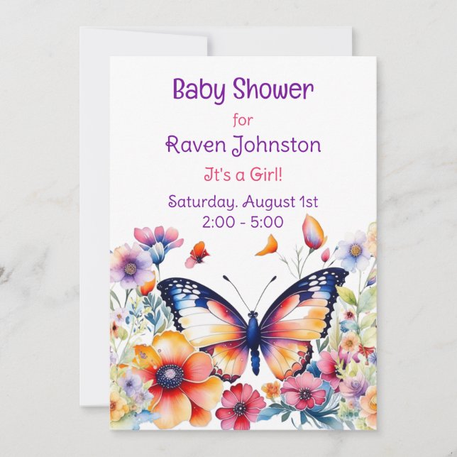 Butterfly in Flowers Girl Girl Shower Inbjudningar (Framsida)