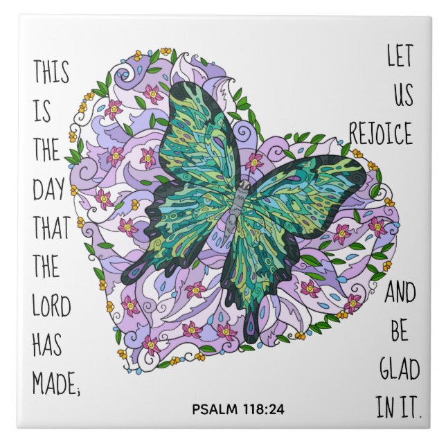 Butterfly in Heart w/ verse from Psalm 118:24 Kakelplatta (Framsidan)