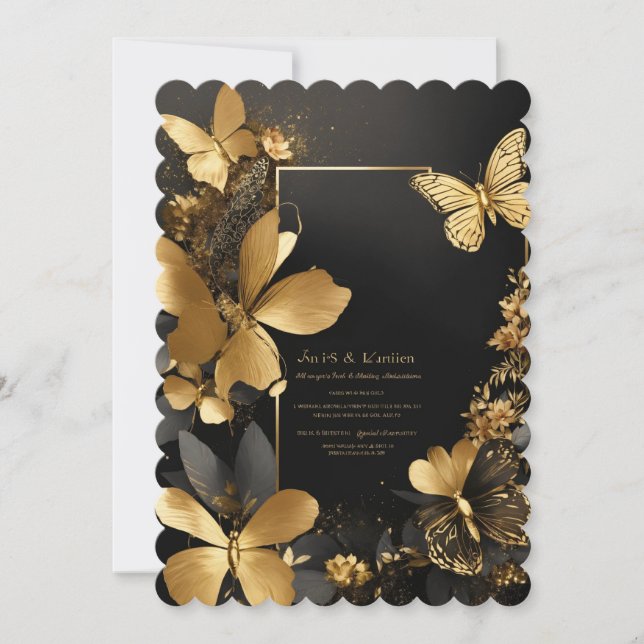 Butterfly-inbjudan till Exotic Bröllop Black Guld  (Framsida)