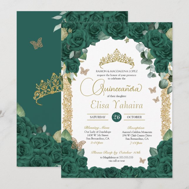 Butterfly Jade Grönt Ro och Guld Quinceanera Inbjudningar (Fram/baksida)