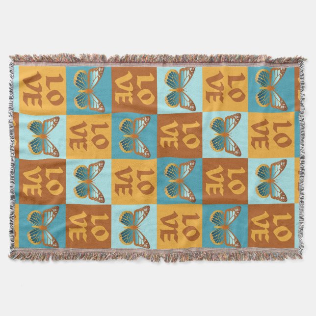 Butterfly Kärlek Mönster | Blått och Orange överto Filt (Framsidan)