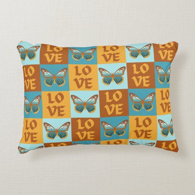 Butterfly Kärlek Mönster | Blått och Orange överto Prydnadskudde (Framsidan)