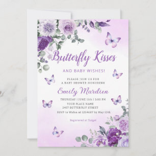 Butterfly Kisses & Baby Önskemål Lila Baby Shower Inbjudningar
