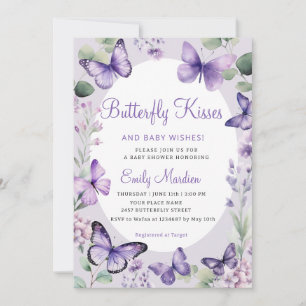 Butterfly Kisses & Baby Önskemål Lila Baby Shower Inbjudningar