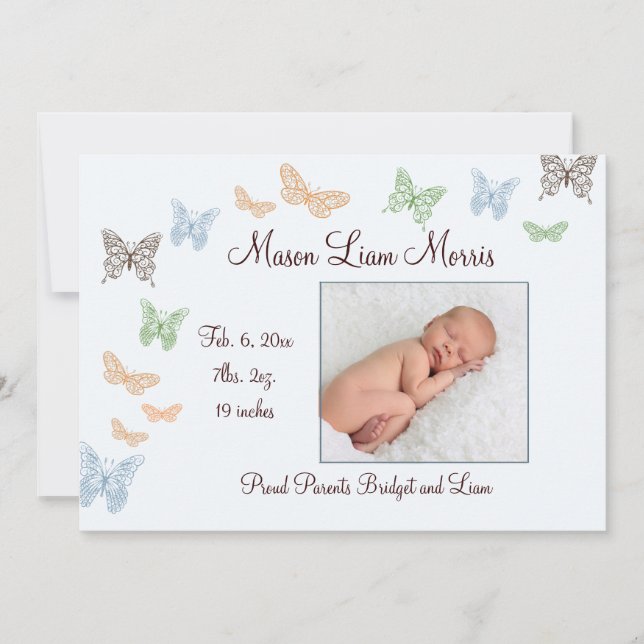 Butterfly Kisses Birth Announcement Blue Meddelande (Framsida)