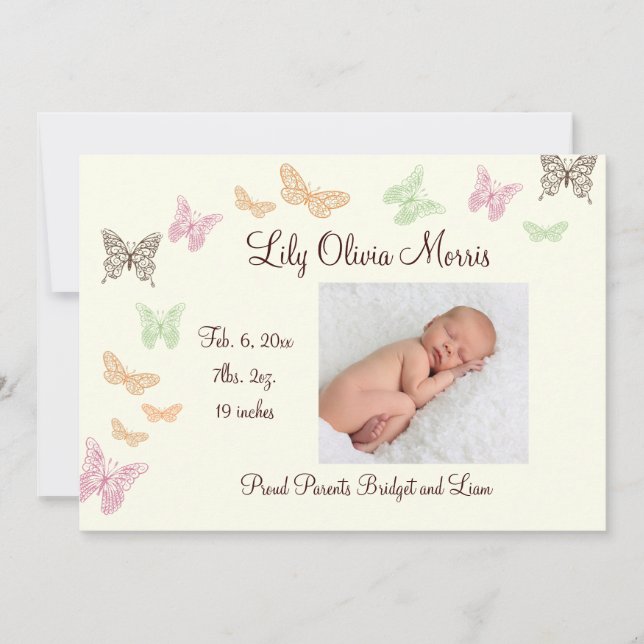 Butterfly Kisses Birth Announcement elfenben Meddelande (Framsida)