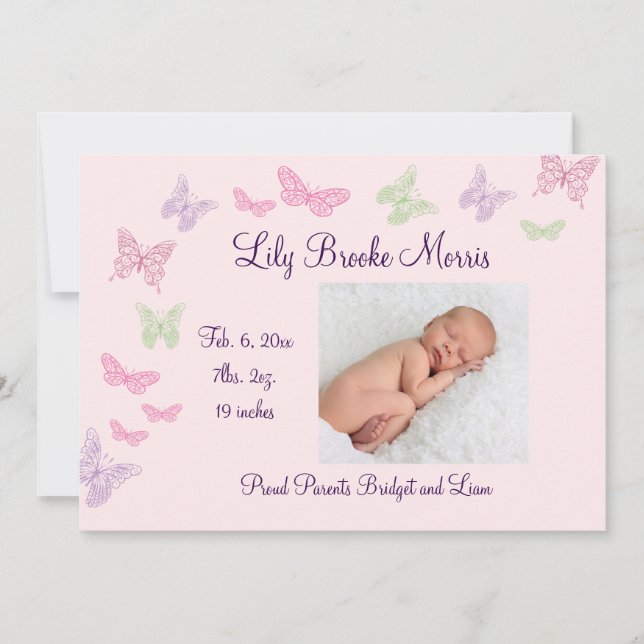 Butterfly Kisses Birth Notification rosa Meddelande (Framsida)