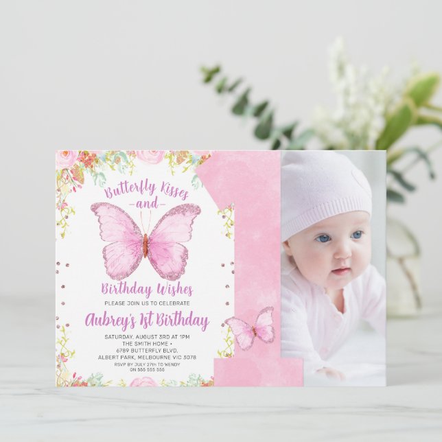 Butterfly Kisses Birthday Önskemål Photo Birthday Inbjudningar (Stående Fram)
