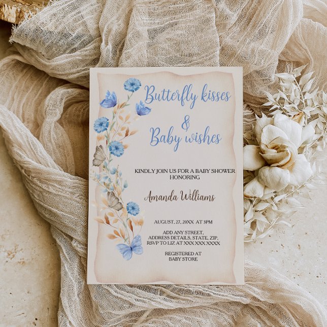 Butterfly Kisses Blommigt Boho Blue Baby-dusch Inbjudningar (Skapare uppladdad)