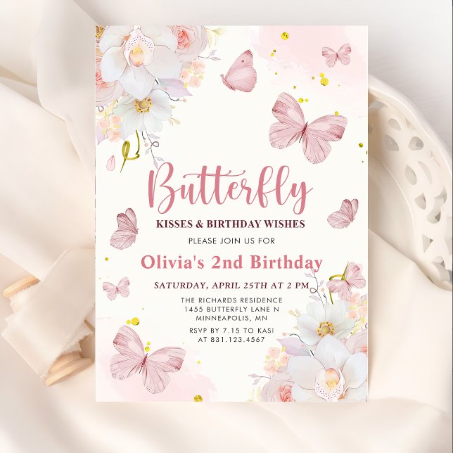 Butterfly Kisses Blommigt Boho Rosa Girl Birthday Inbjudningar (Skapare uppladdad)