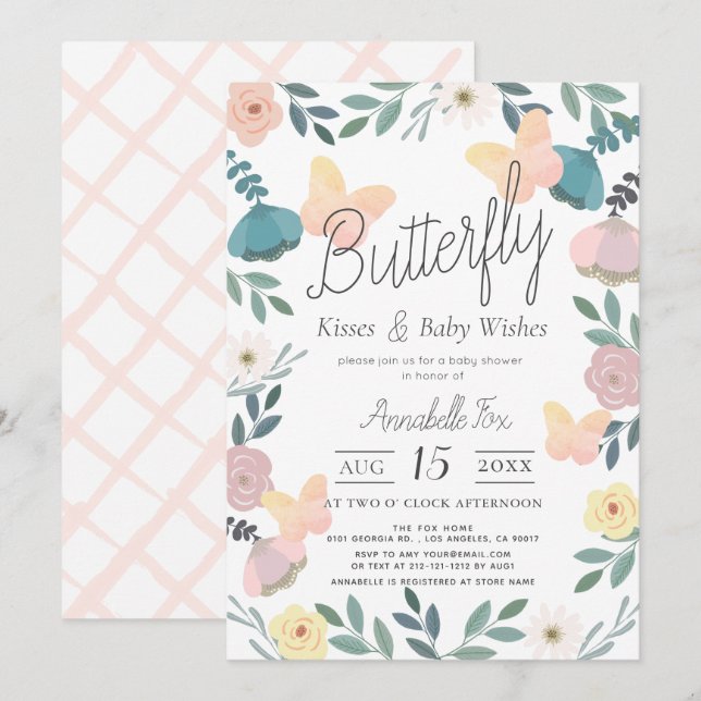 Butterfly Kisses Blommigt Garden Rosa Baby Shower Inbjudningar (Fram/baksida)