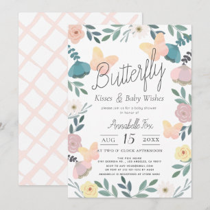 Butterfly Kisses Blommigt Garden Rosa Baby Shower Inbjudningar
