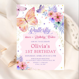 Butterfly Kisses Blommigt Rosa Girl Birthday Inbjudningar