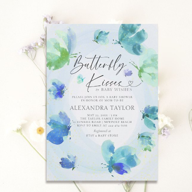 Butterfly Kisses Blue Watercolor Pojke Shower Inbjudningar (butterfly baby shower theme invitation watercolor whimsical sprinkles garden party spring summer boy)